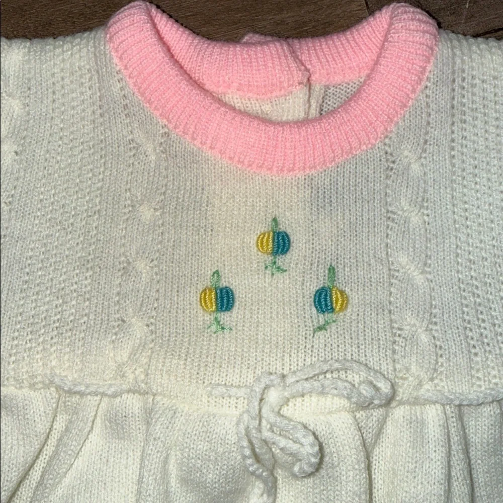 VTG Cradle Knit Baby Dress Cream & Pink Pointelle Knit w/ Floral Embroidery 9M